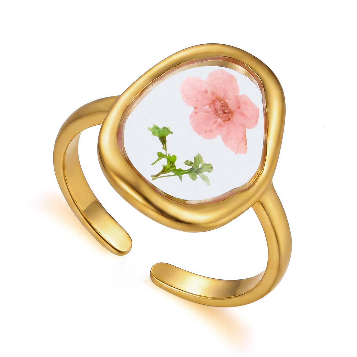 18k Dainty Pressed Floral Resin Open Ring
