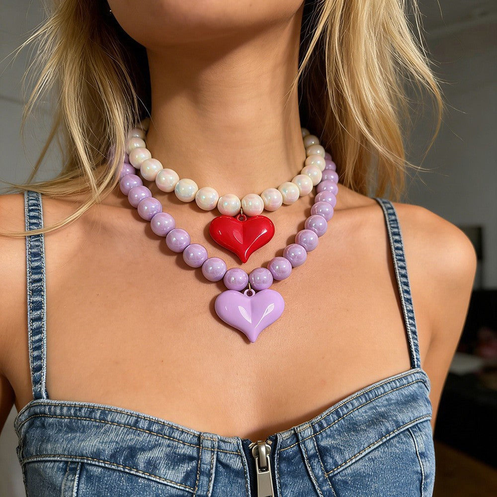 Sweet Pastel Resin Heart Beaded Necklace