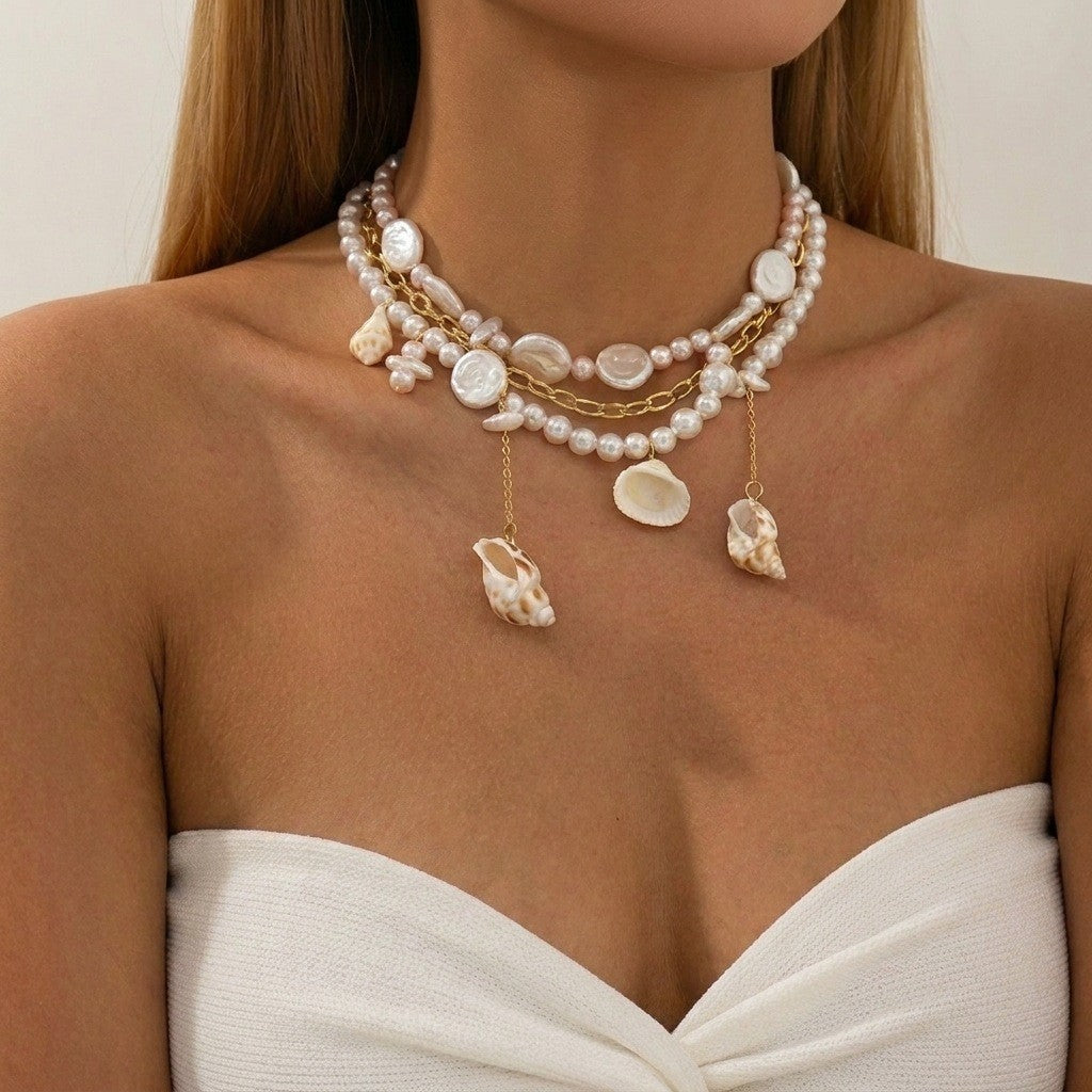Boho Layered Faux Pearl & Shell Necklace, Bracelet Set