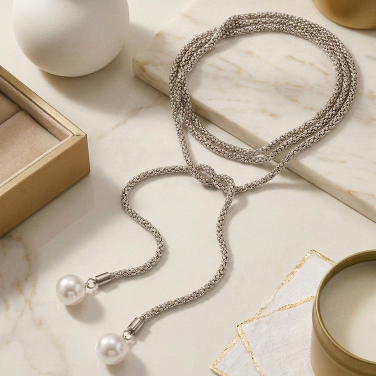 Classy Faux Pearl Knot Lariat Necklace
