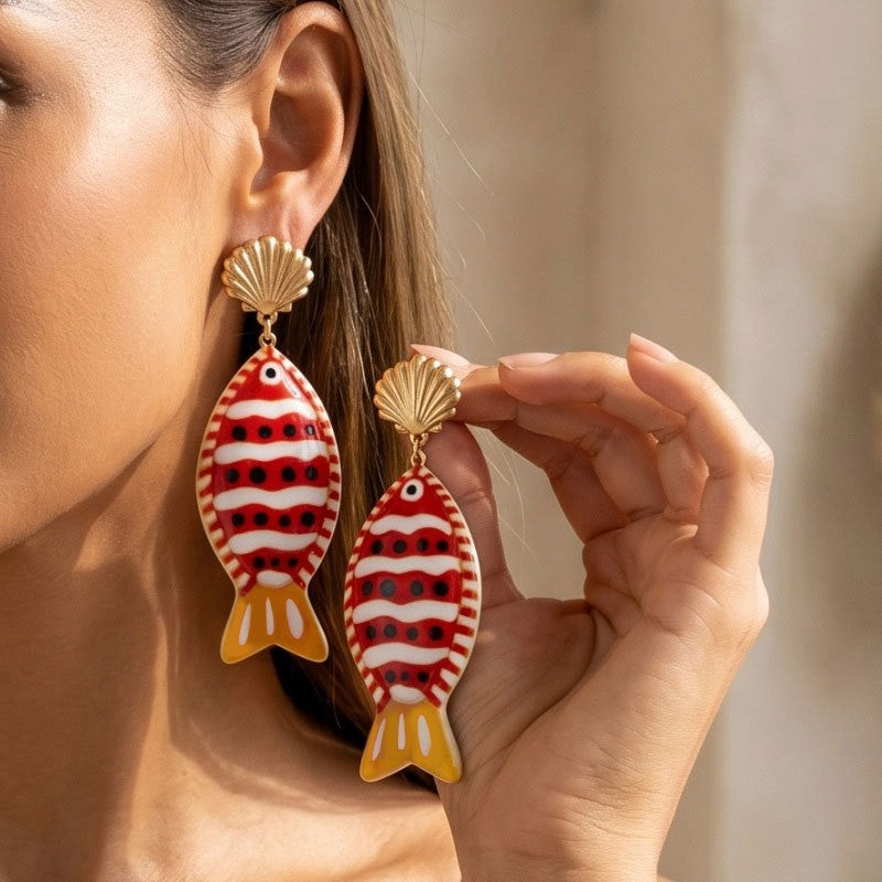 Playful Red Striped Resin Fish Earrings