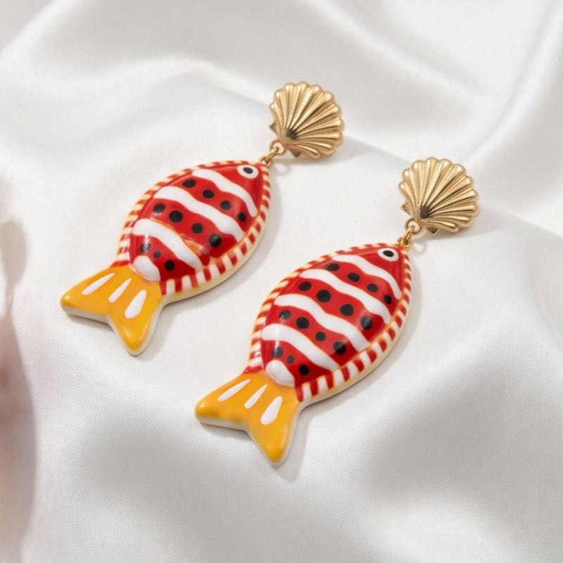 Playful Red Striped Resin Fish Earrings