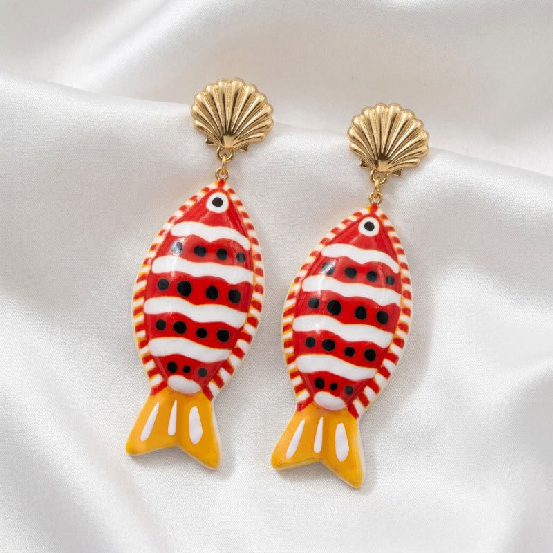 Playful Red Striped Resin Fish Earrings