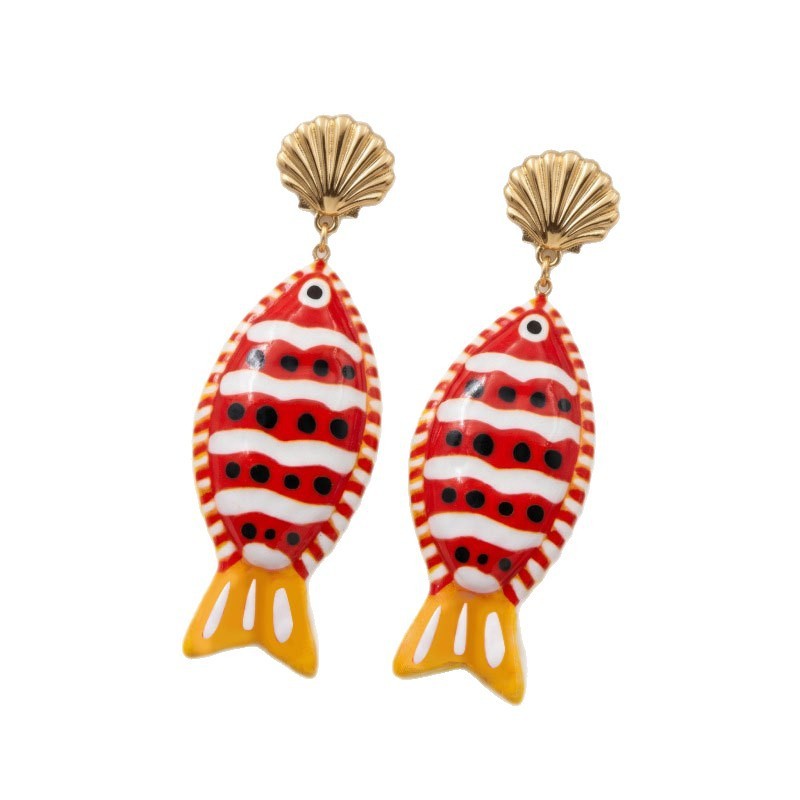 Playful Red Striped Resin Fish Earrings