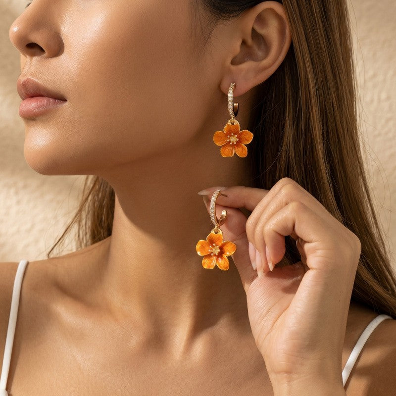 Classy Orange Enamel Flower Drop Earrings
