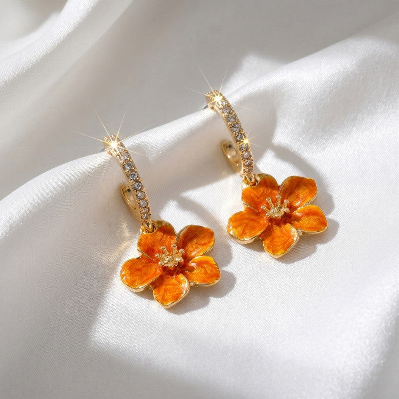 Classy Orange Enamel Flower Drop Earrings
