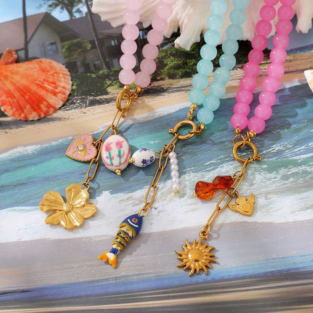 Dainty Aqua Beaded Fish Charm Necklace