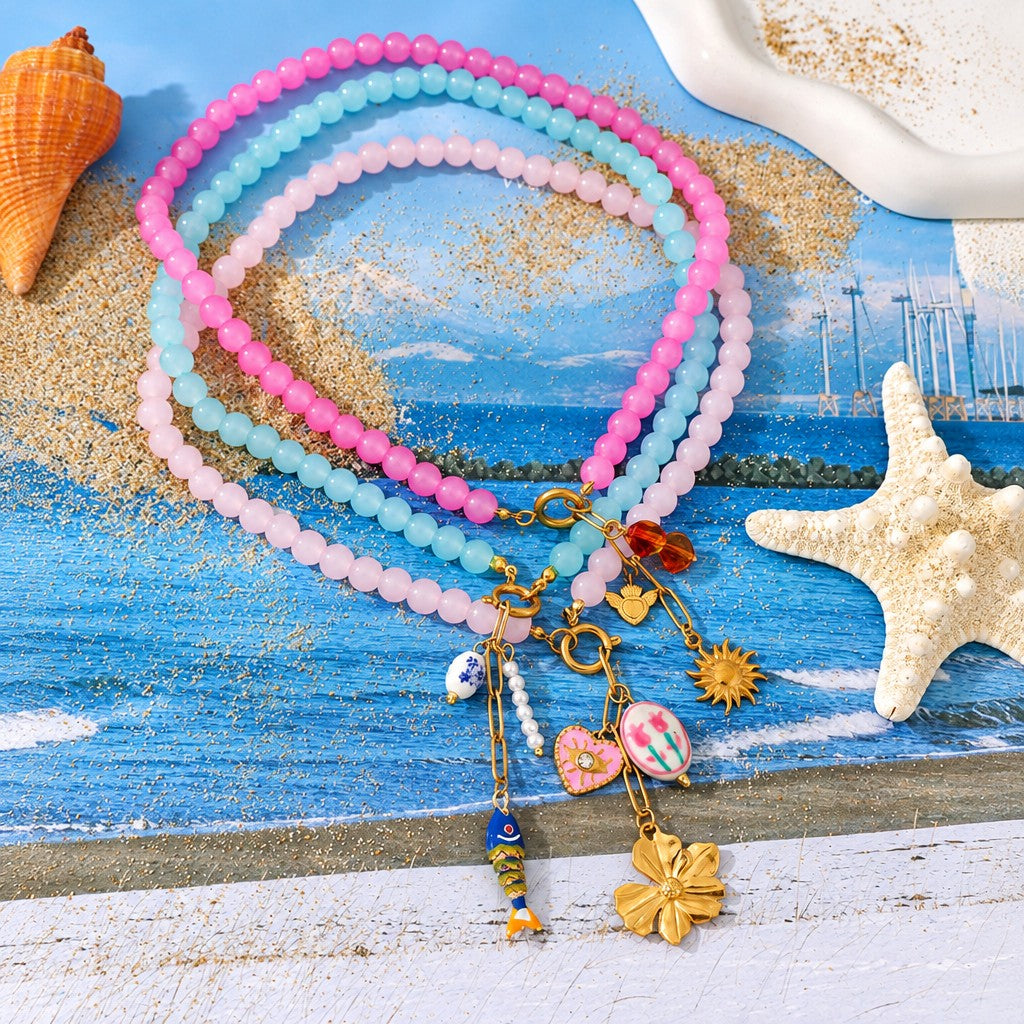 Dainty Aqua Beaded Fish Charm Necklace