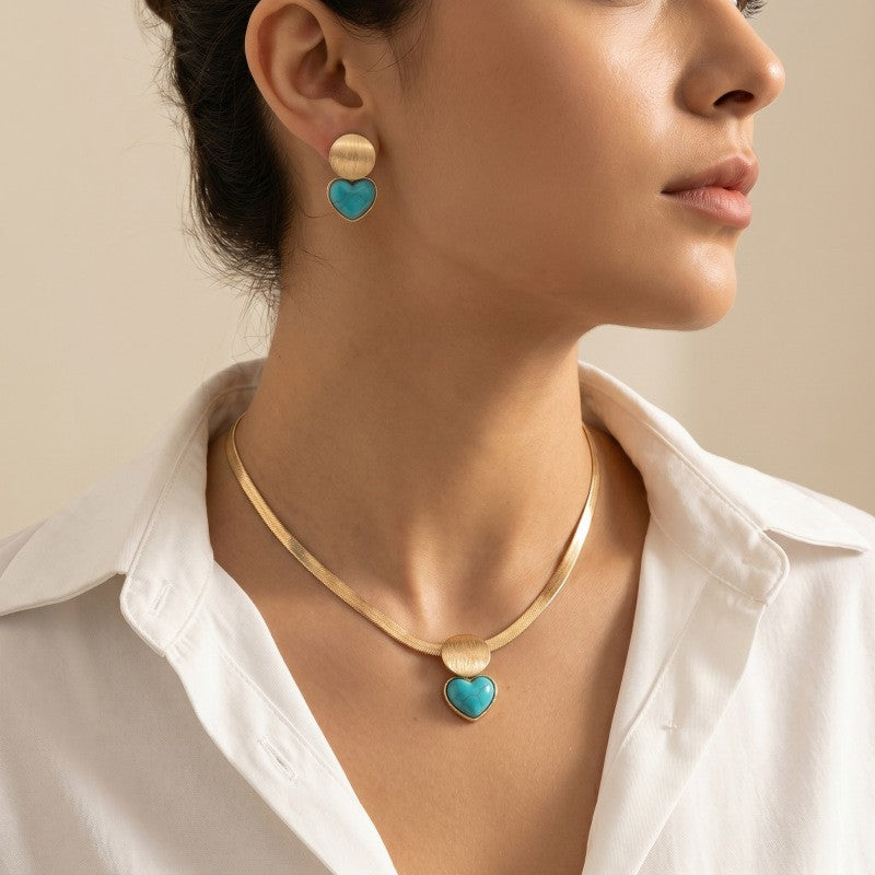 Classy Turquoise Heart Herringbone Necklace and Earring Set
