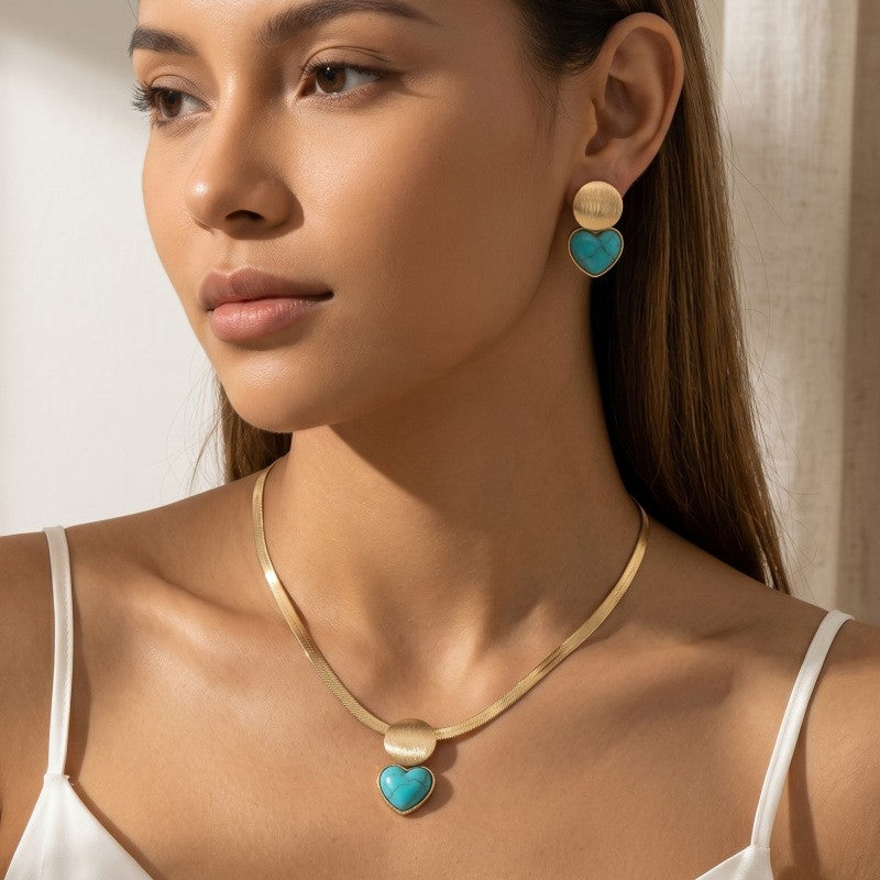 Classy Turquoise Heart Herringbone Necklace and Earring Set
