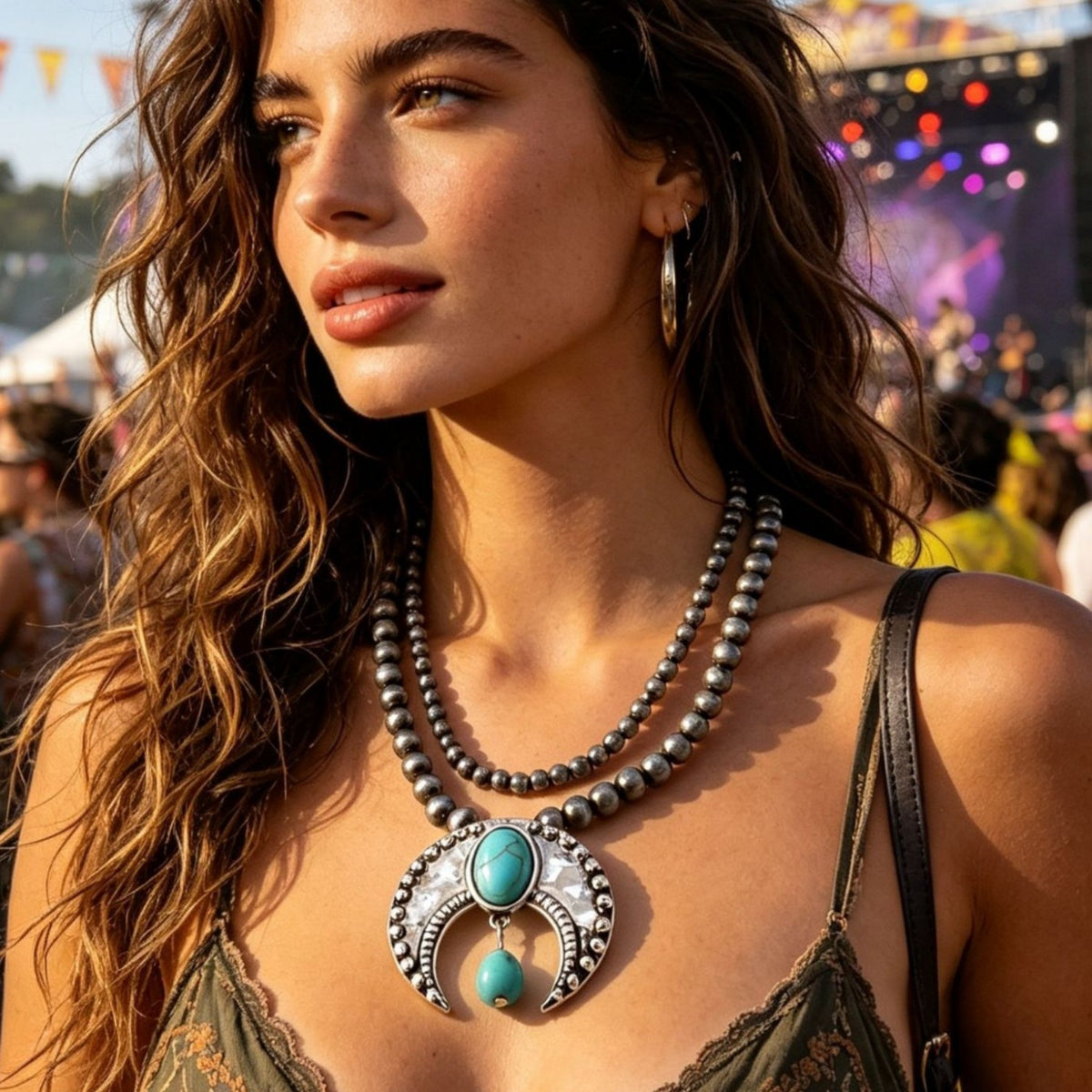 Boho Turquoise Crescent Beaded Necklace
