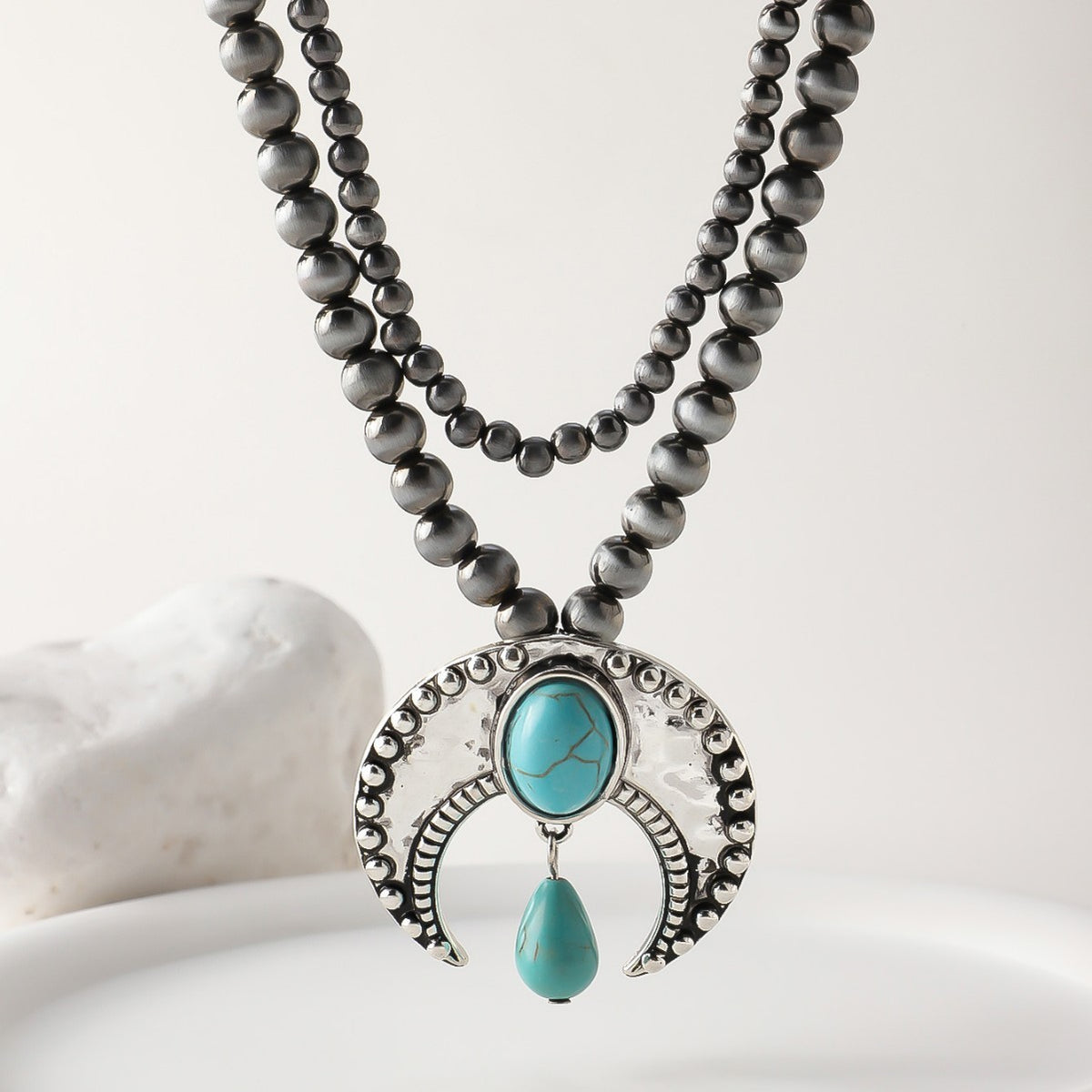Boho Turquoise Crescent Beaded Necklace