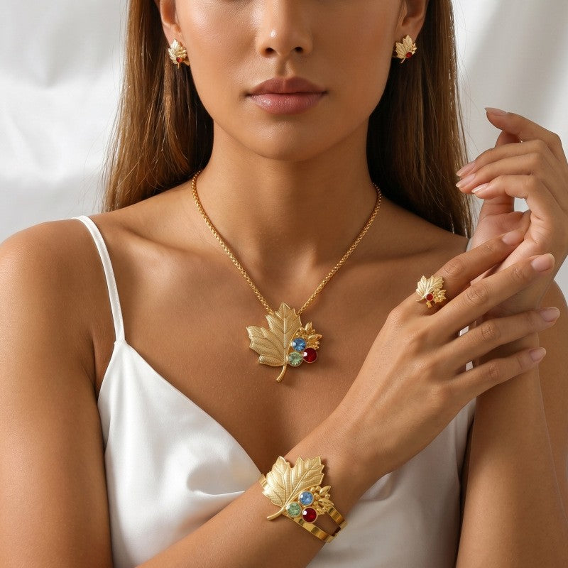 Classy Multicolor Maple Leaf Necklace, Bracelet & Earring Set