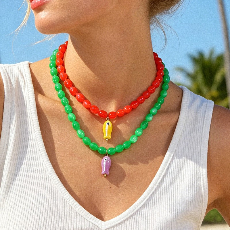 Sweet Red & Green Beaded Fish Necklace