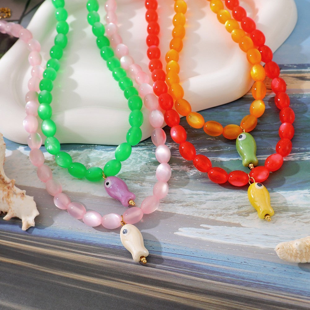 Sweet Red & Green Beaded Fish Necklace