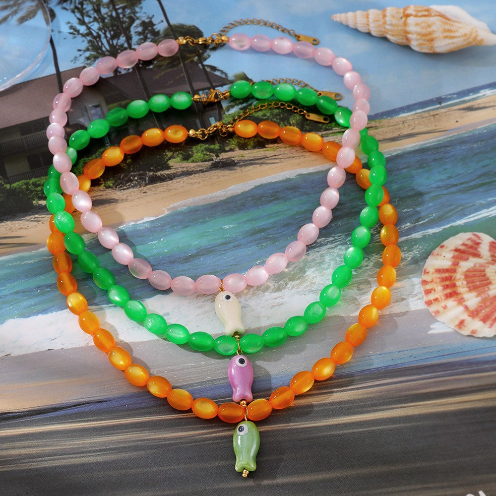 Sweet Red & Green Beaded Fish Necklace