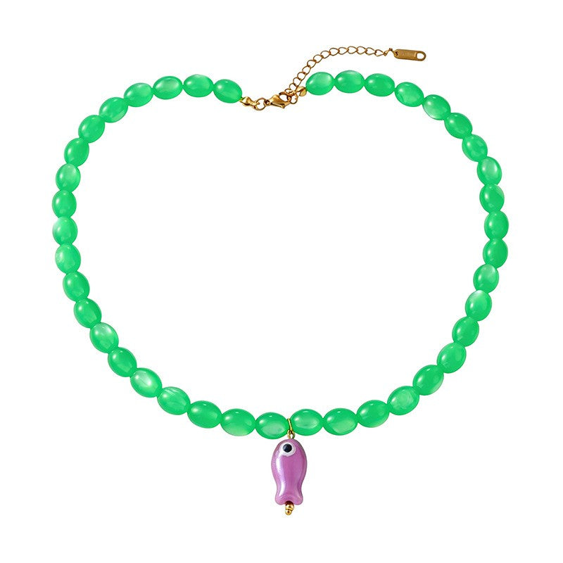 Sweet Red & Green Beaded Fish Necklace