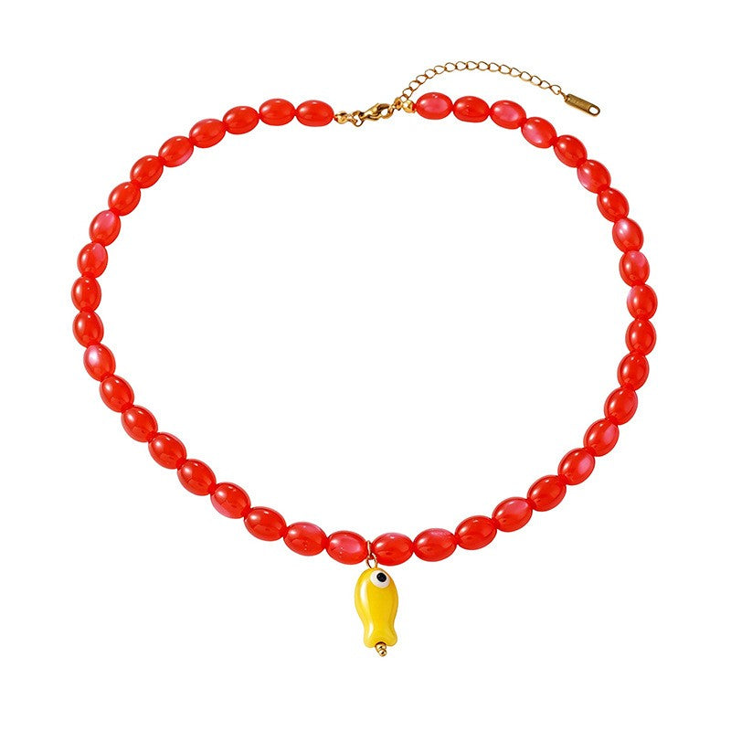 Sweet Red & Green Beaded Fish Necklace