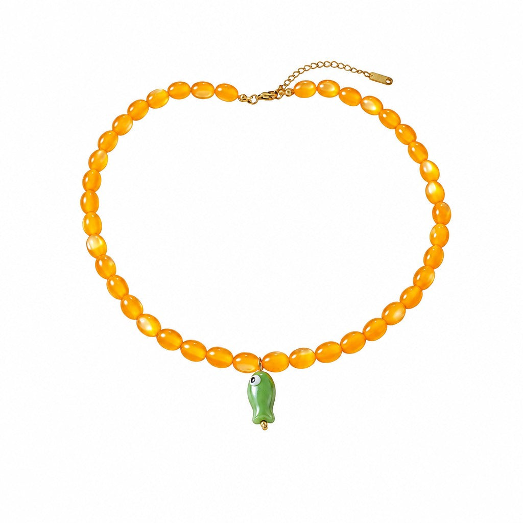 Sweet Red & Green Beaded Fish Necklace