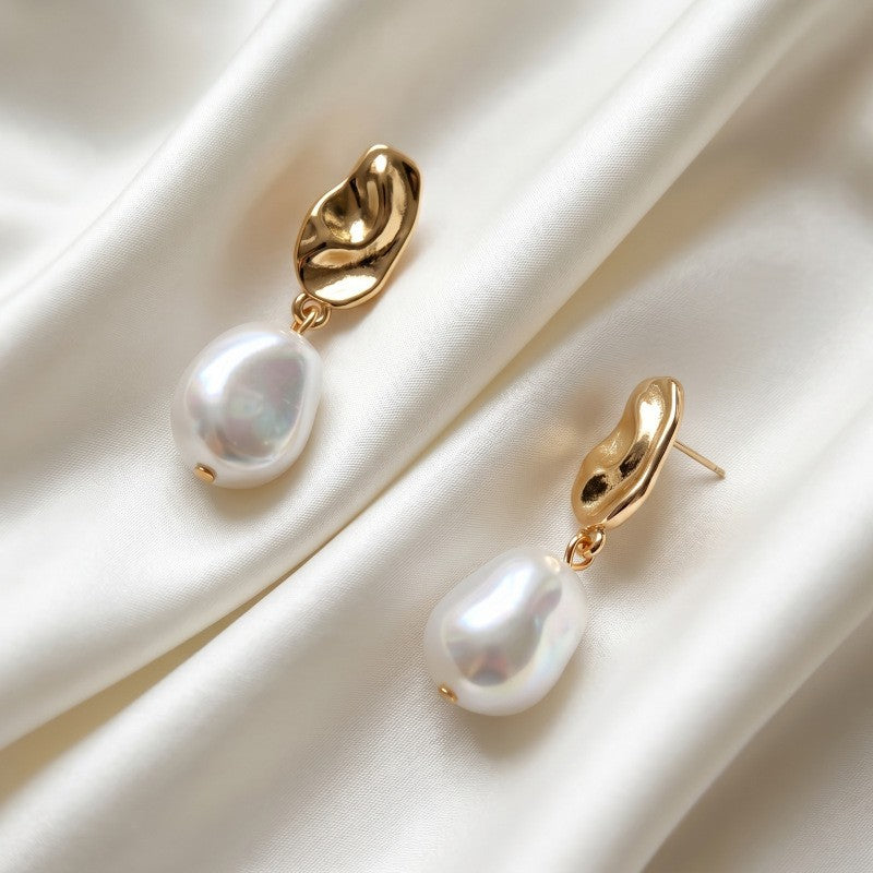 Classy Sculptural Gold Faux Pearl Drop Earrings