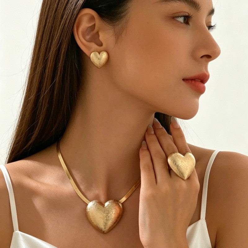 3pc Romantic Puffy Heart Necklace, Earring & Ring Set