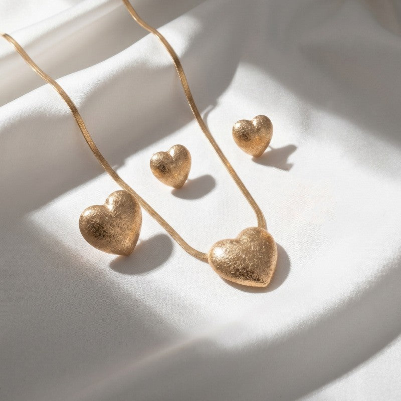 3pc Romantic Puffy Heart Necklace, Earring & Ring Set