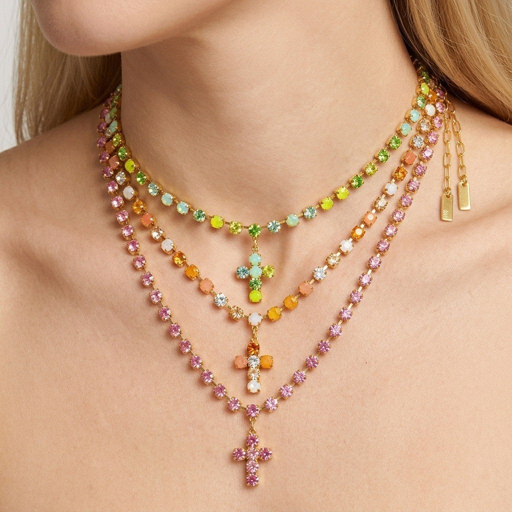 Dainty Multicolor Gem Cross Necklace