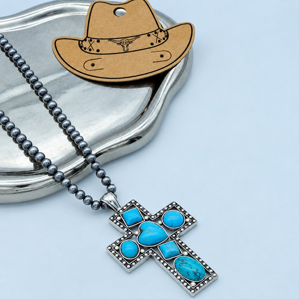 Boho Vintage Turquoise Cross Necklace