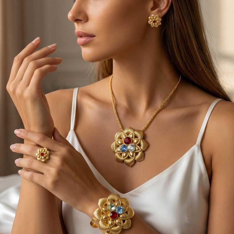Classy Multicolor Flower Necklace, Bracelet & Earring Set