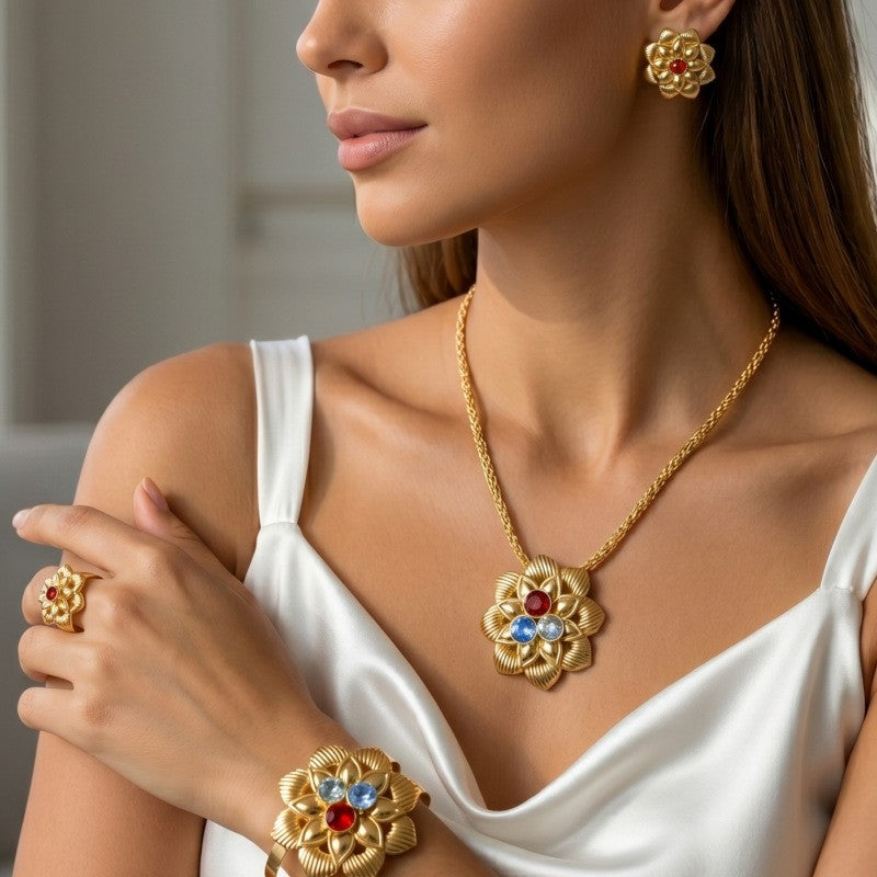 Classy Multicolor Flower Necklace, Bracelet & Earring Set