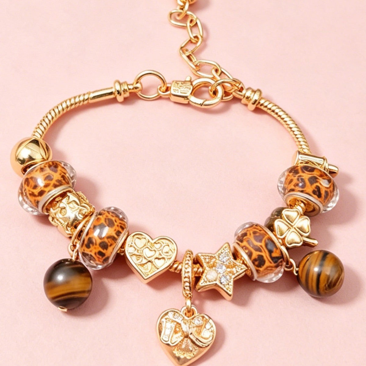 Boho Leopard Print & Tiger Eye Charm Bracelet
