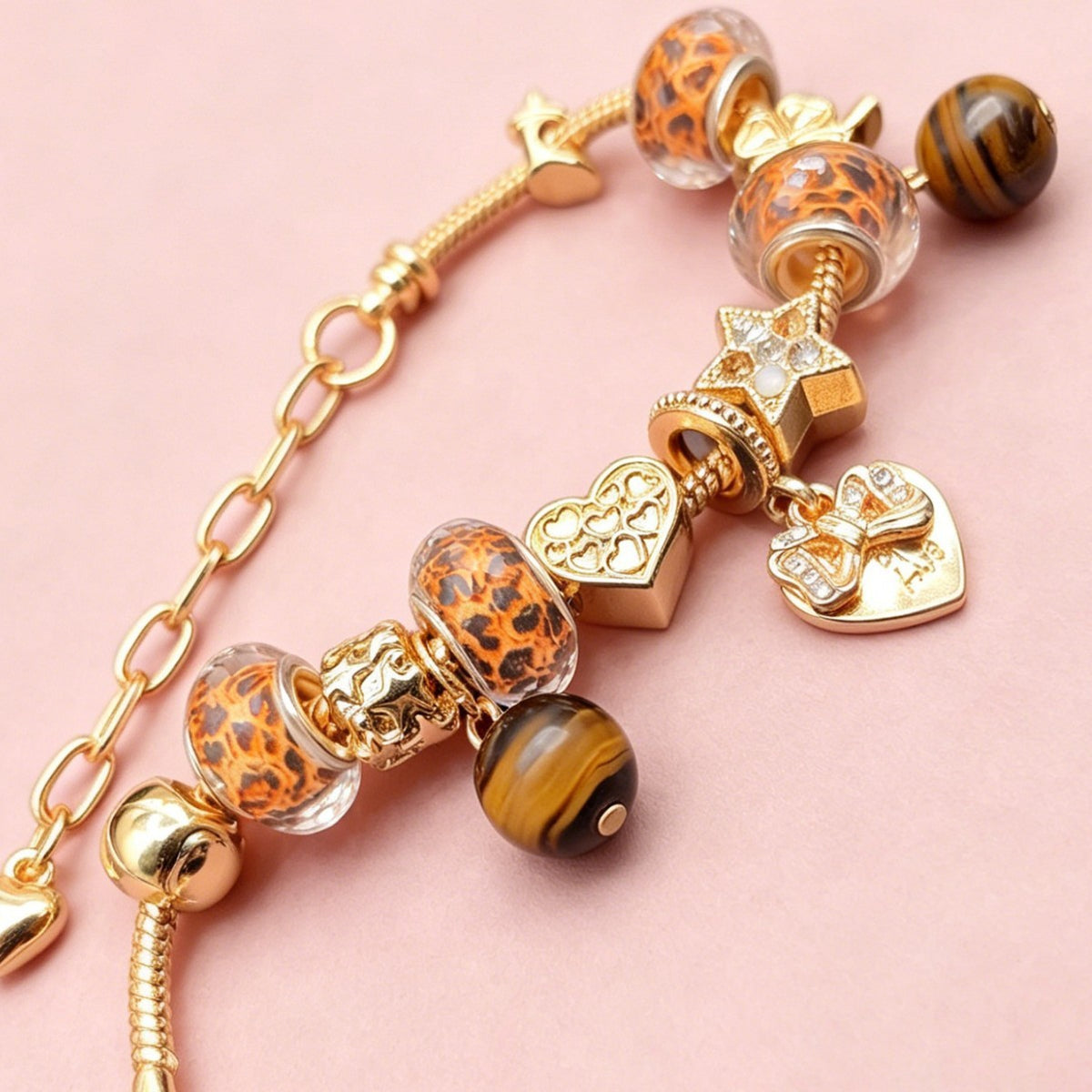 Boho Leopard Print & Tiger Eye Charm Bracelet