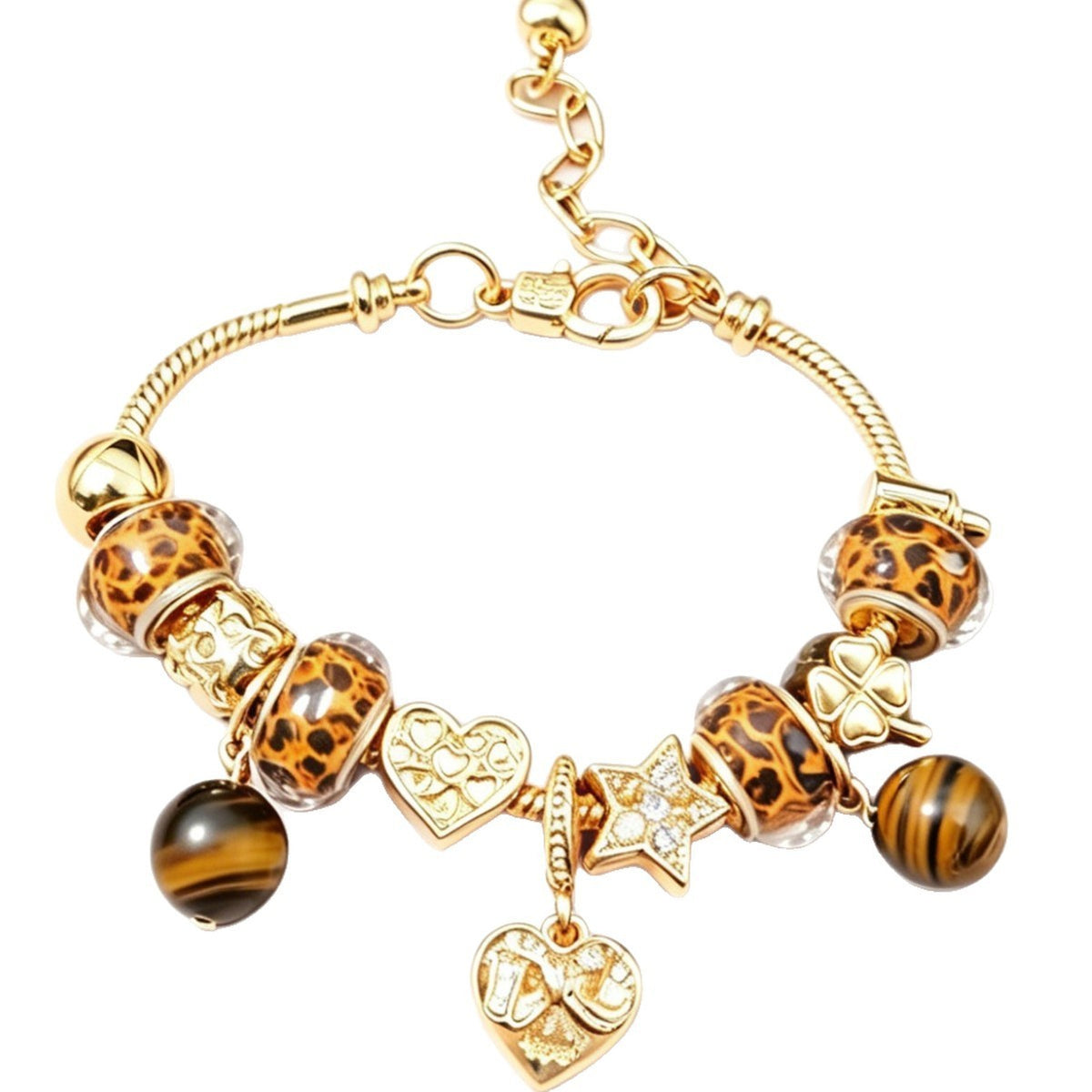 Boho Leopard Print & Tiger Eye Charm Bracelet