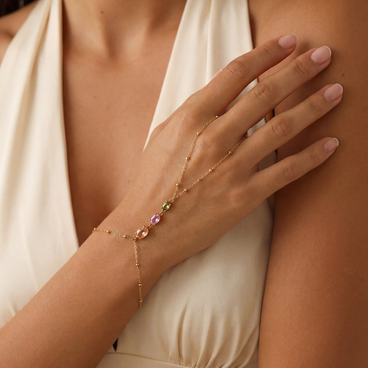Dainty Multicolor Gemstone Finger Chain Bracelet