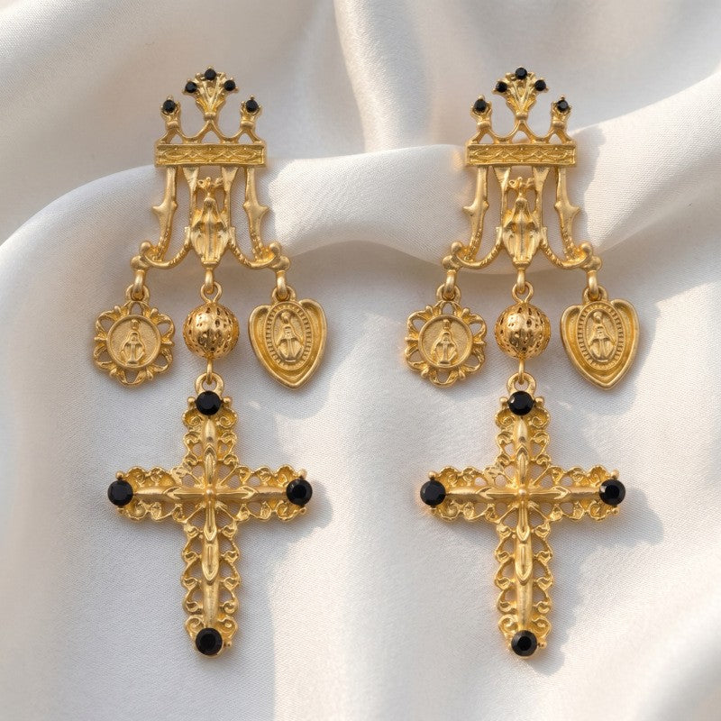 Vintage Crown Cross Dangle Earrings