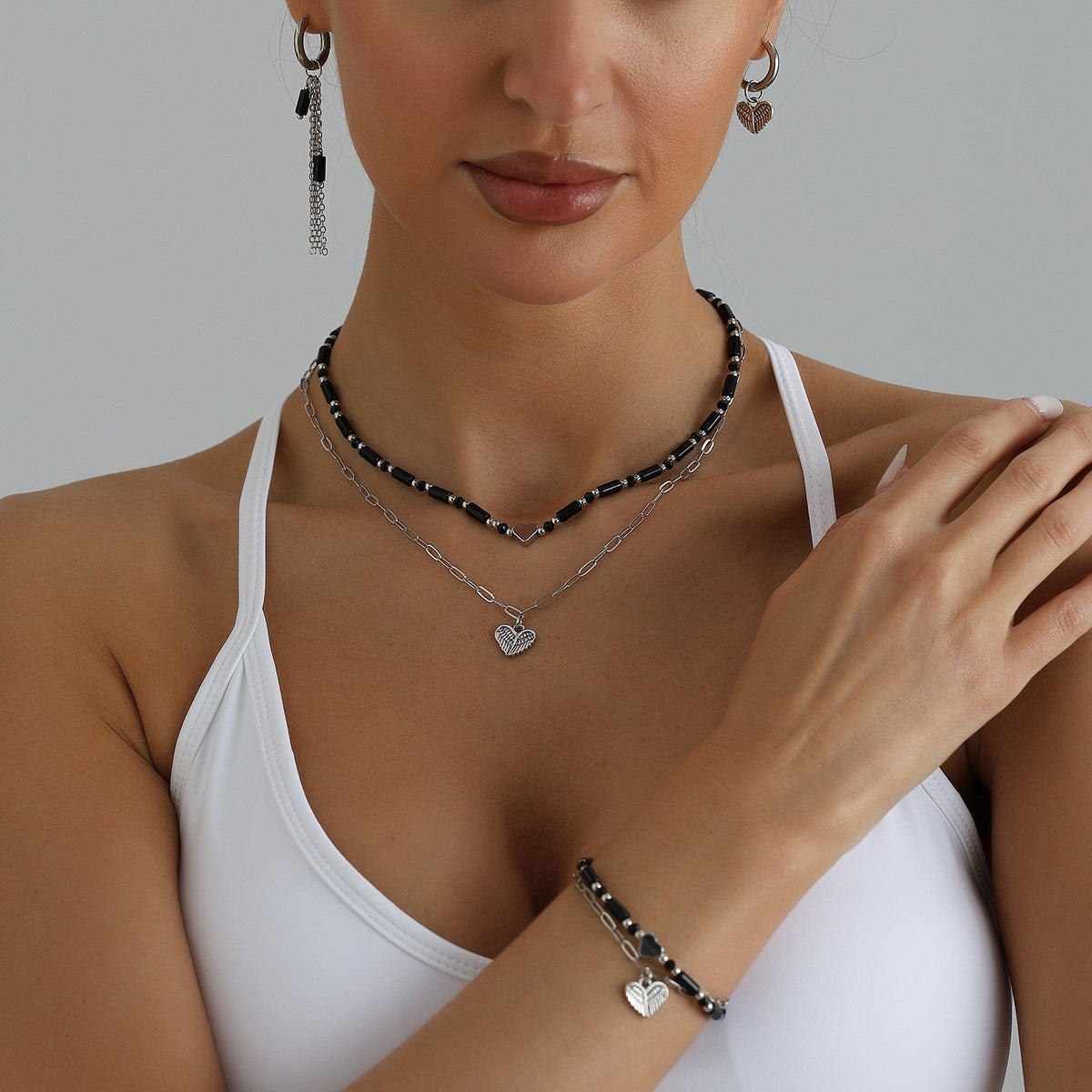 Classy Black Bead Layered Heart Necklace, Bracelet & Earring Set