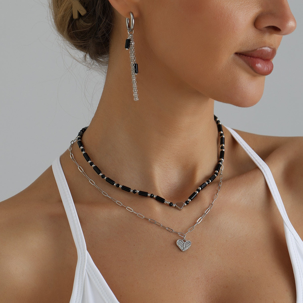 Classy Black Bead Layered Heart Necklace, Bracelet & Earring Set