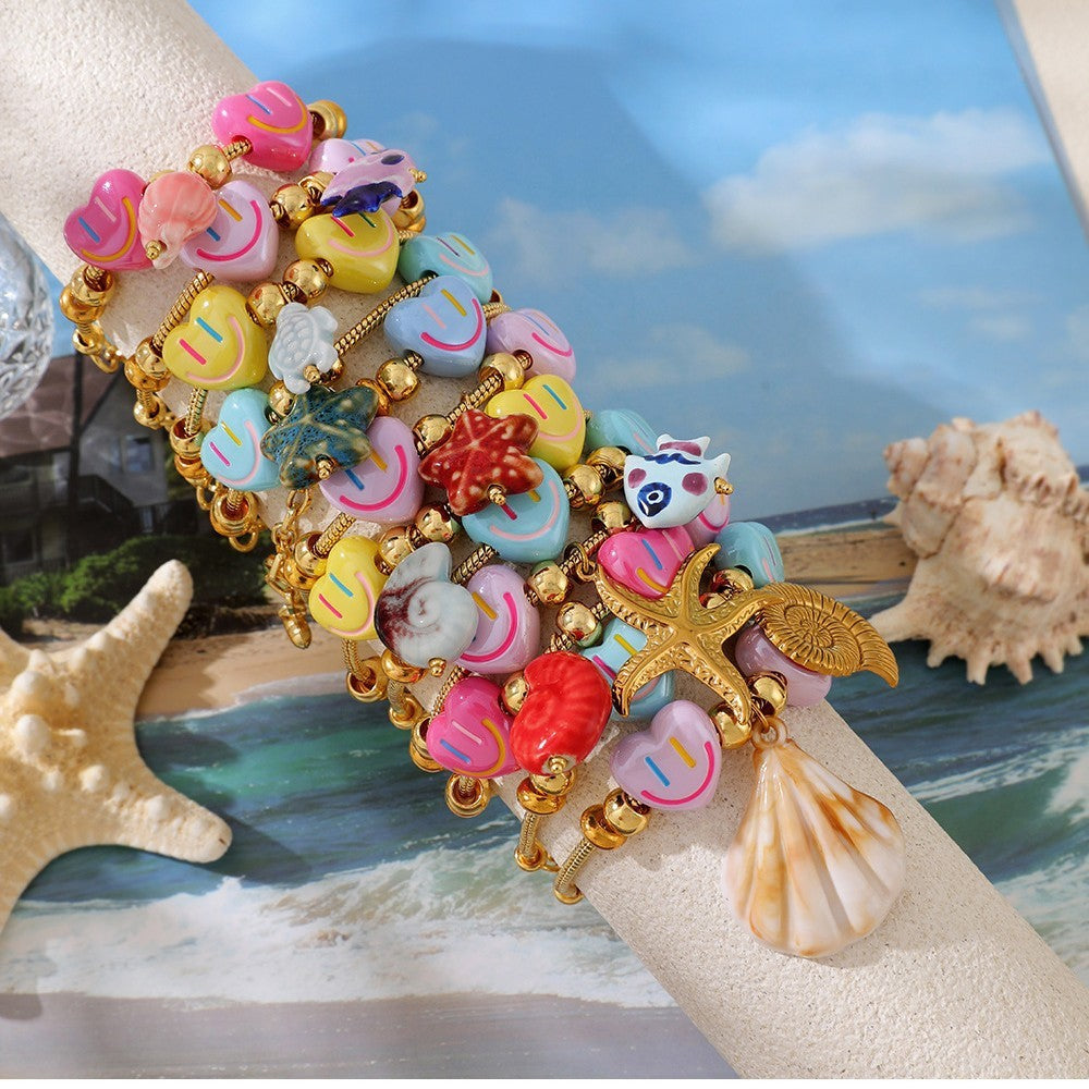 Sweet Smiley Heart & Starfish Charm Bracelet
