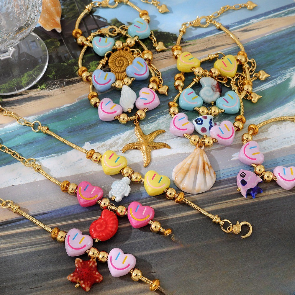 Sweet Smiley Heart & Starfish Charm Bracelet