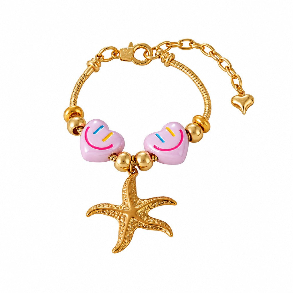 Sweet Smiley Heart & Starfish Charm Bracelet