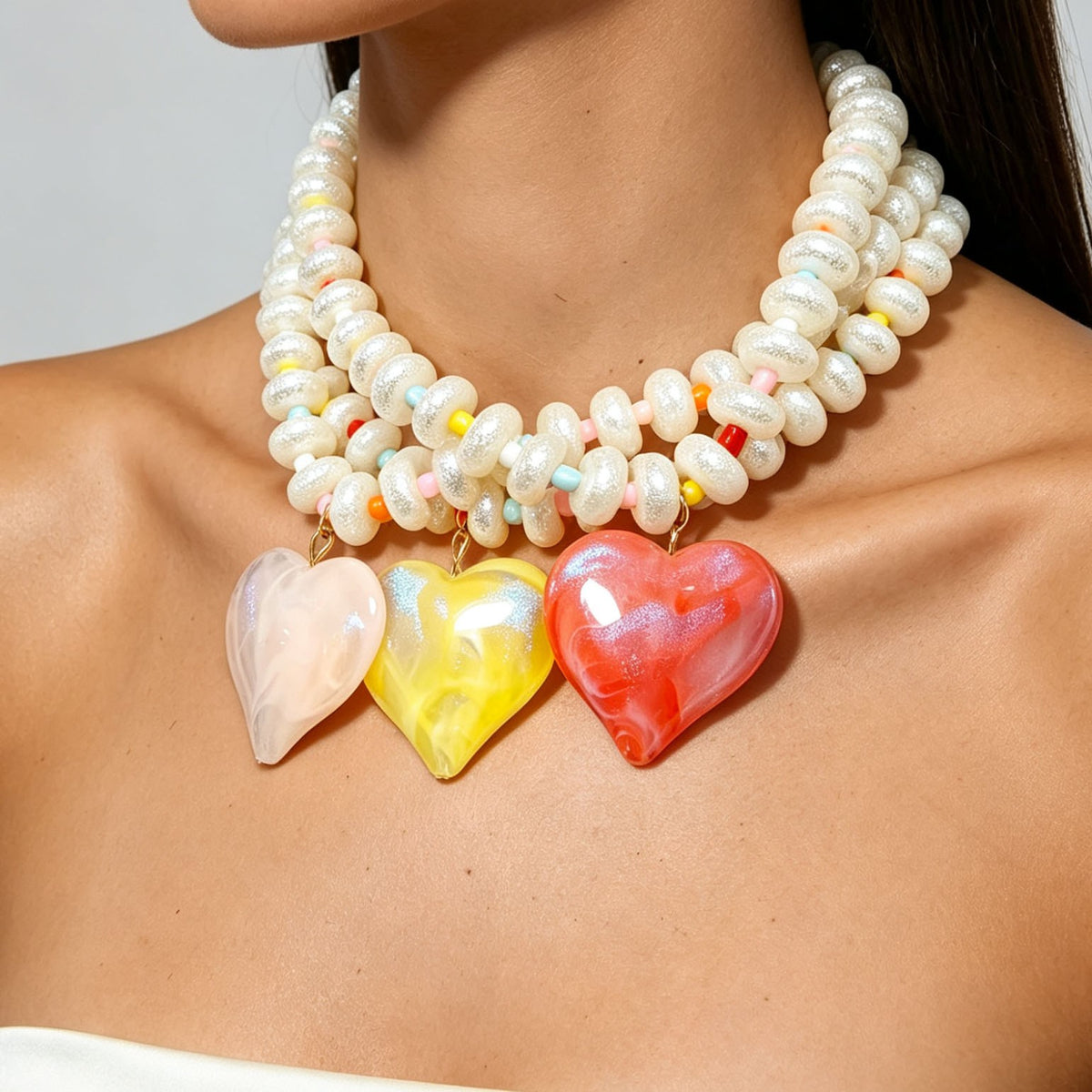 Romantic Multi-Strand Iridescent Heart Necklace
