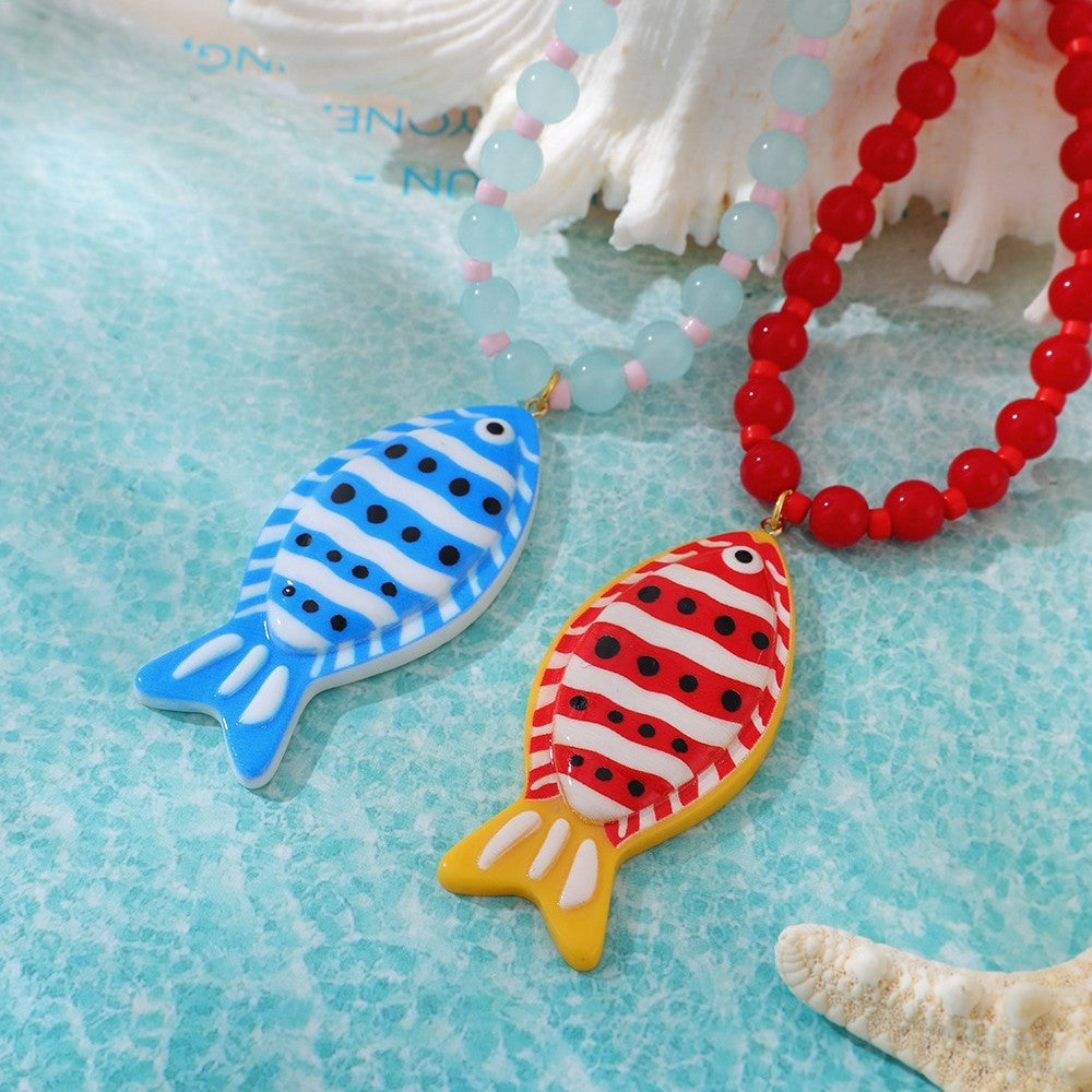 Playful Striped Resin Fish Beaded Necklace