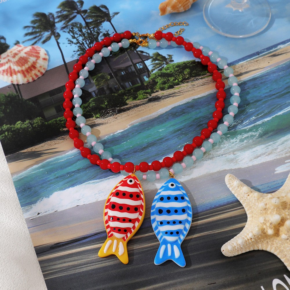 Playful Striped Resin Fish Beaded Necklace
