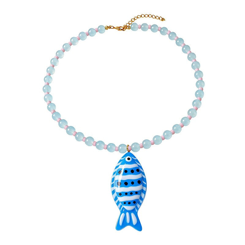 Playful Striped Resin Fish Beaded Necklace