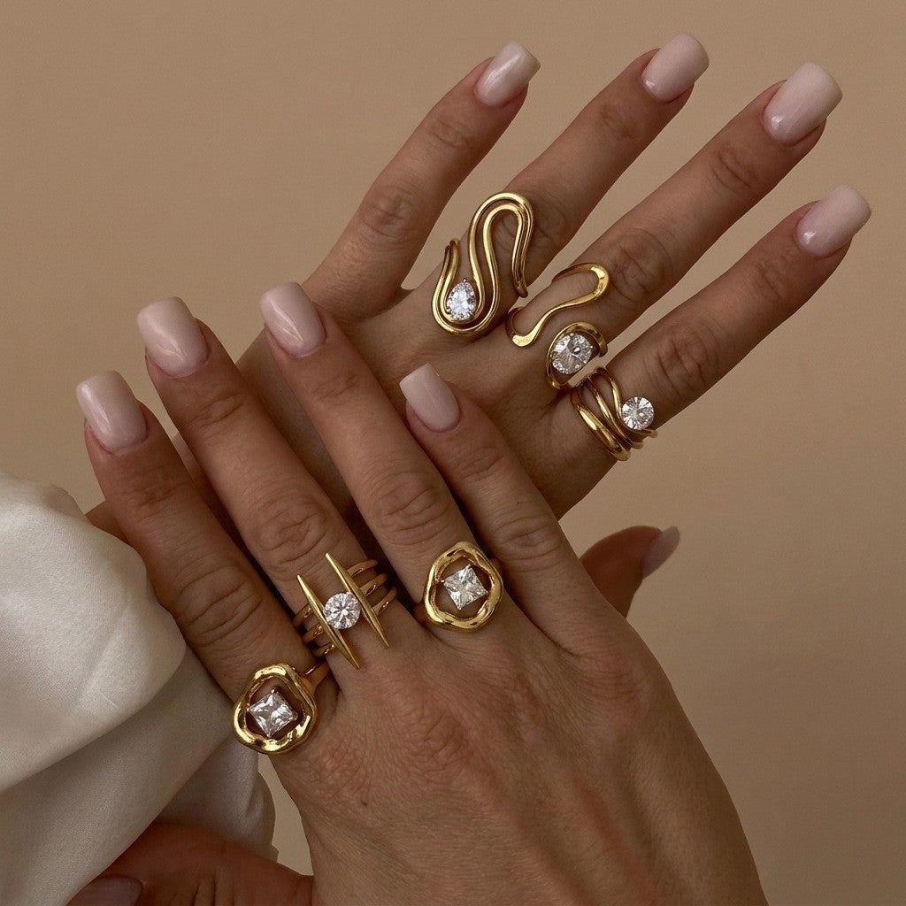 Classy Geometric Zirconia Open Ring Set