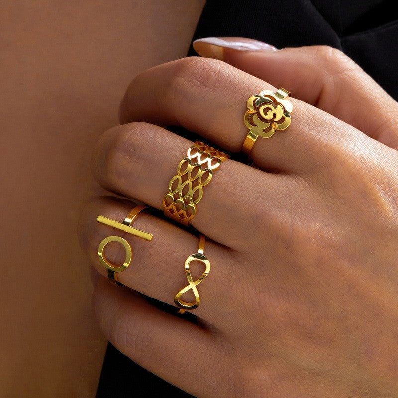 Classy Geometric Floral Stacking Ring Set