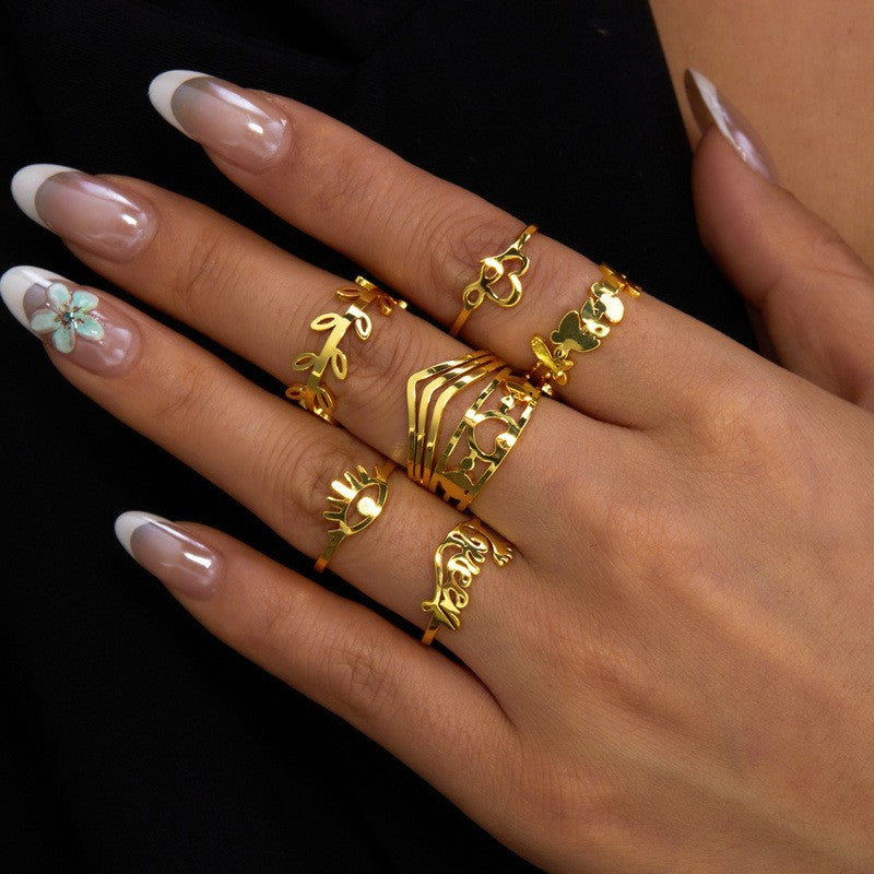 Classy Geometric Floral Stacking Ring Set