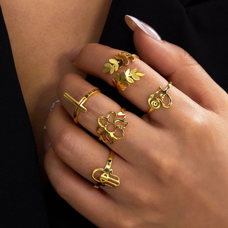 Classy Geometric Floral Stacking Ring Set