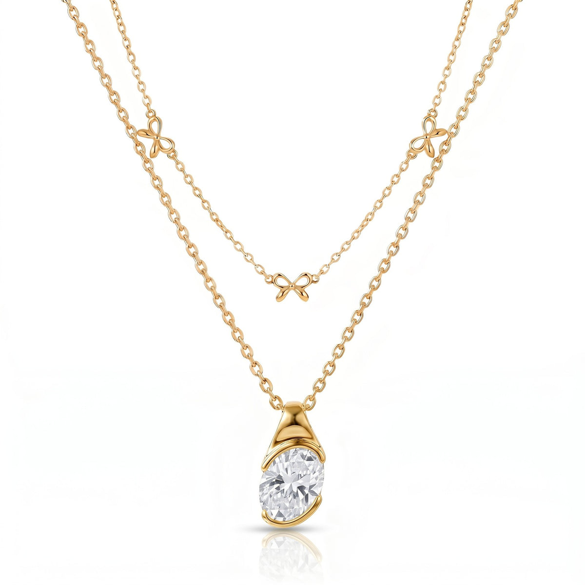 Dainty Layered Bow & Oval CZ Necklace