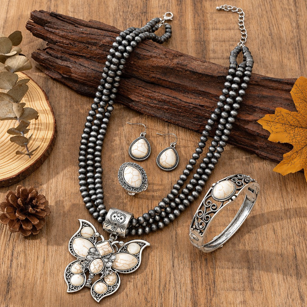Vintage Butterfly Beaded Necklace, Bracelet & Earring Set